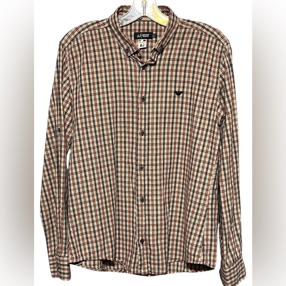 Armani Jeans Long Sleeve Plaid Button Down Shirt Tan Big Boys XXL/18-20